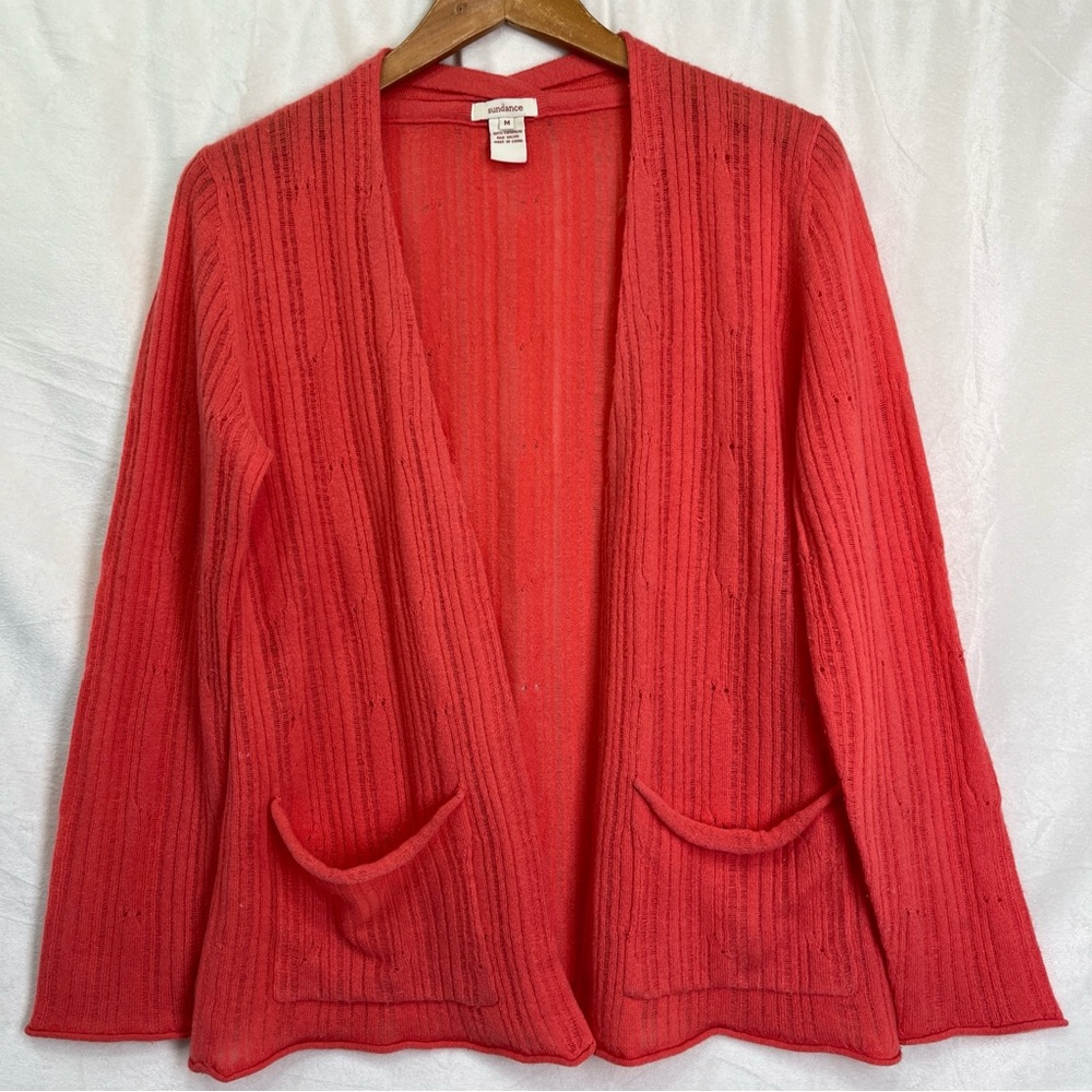 Sundance 100 Cashmere Open Cardigan Sweater Neon Pink Orange Mesh Preppy Lacey M